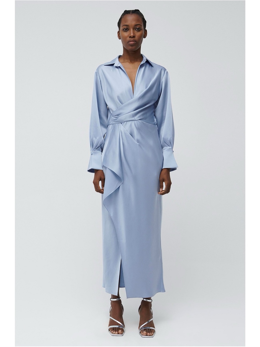 NWT Talita draped Satin Wrap Midi Shirt Dress in Light Blue Size 2
